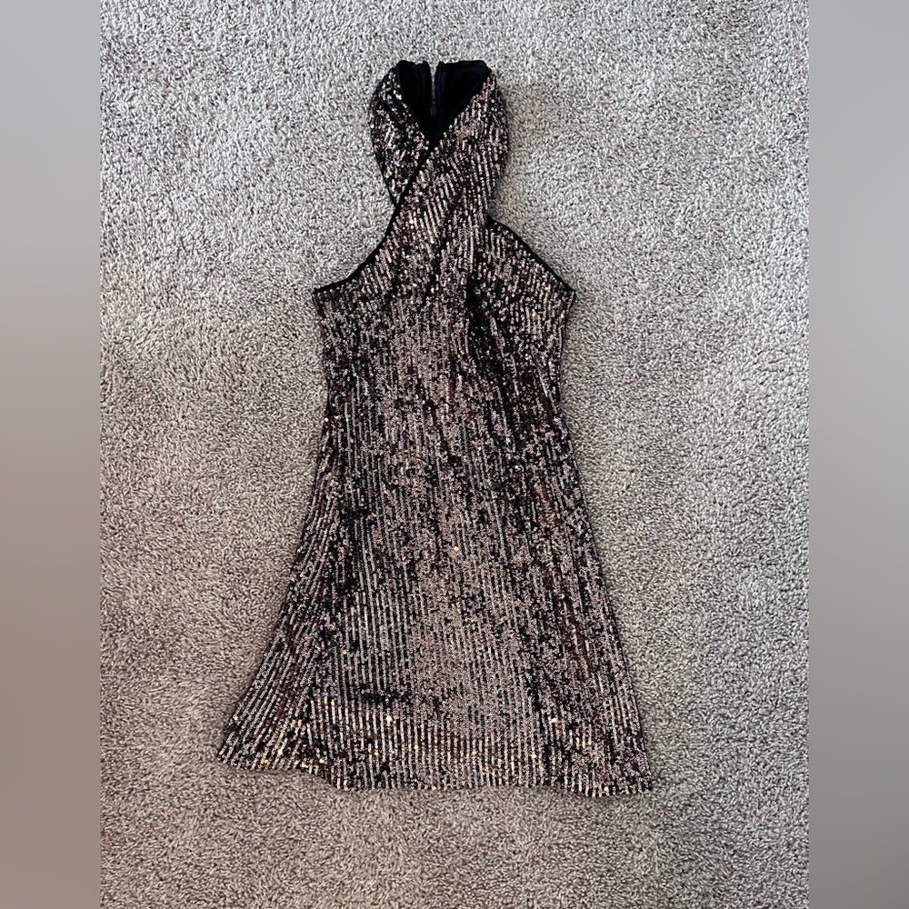 rose gold colored and sequined dress